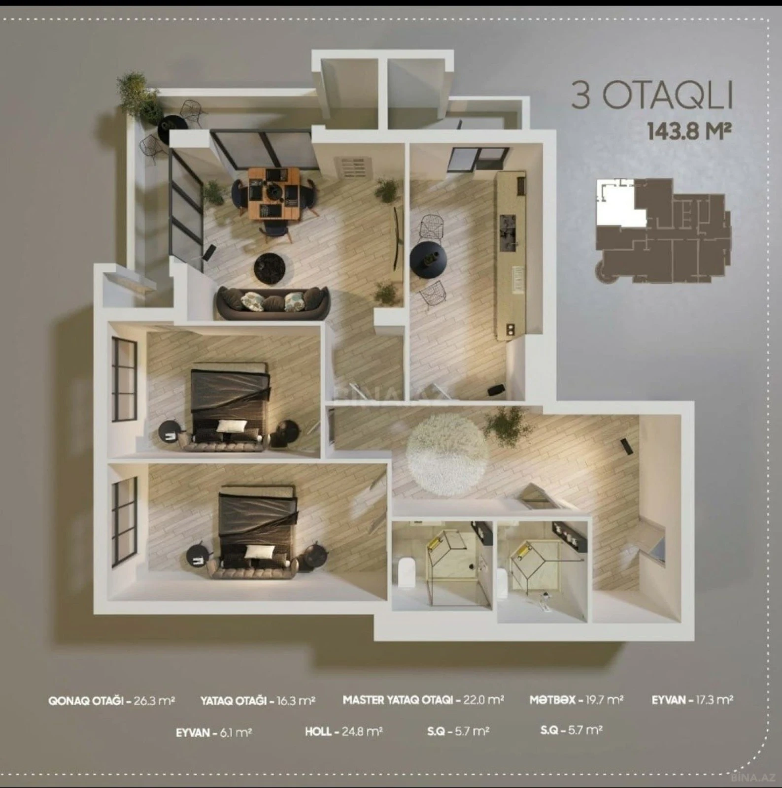 Satılır 3 otaqlı mənzil 145 m²