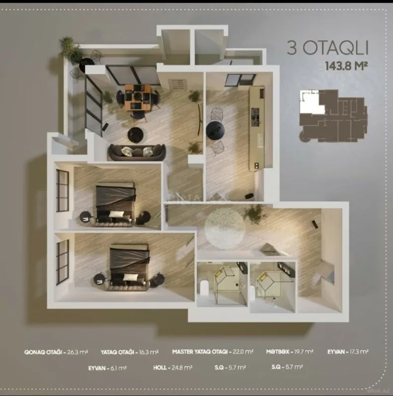 Satılır 3 otaqlı mənzil 145 m²