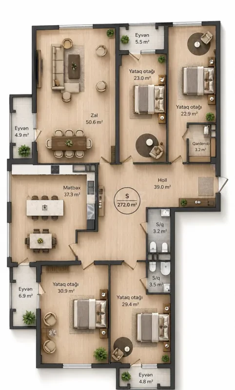 Satılır 5 otaqlı mənzil 272 m²