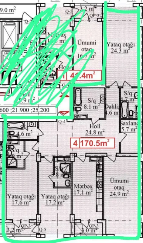 Satılır 4 otaqlı mənzil 170 m²