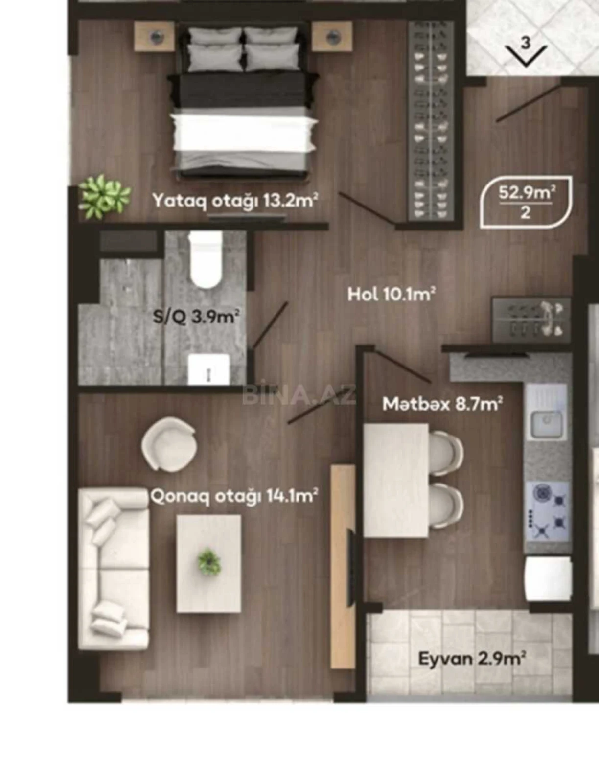 Satılır 2 otaqlı mənzil 60 m²
