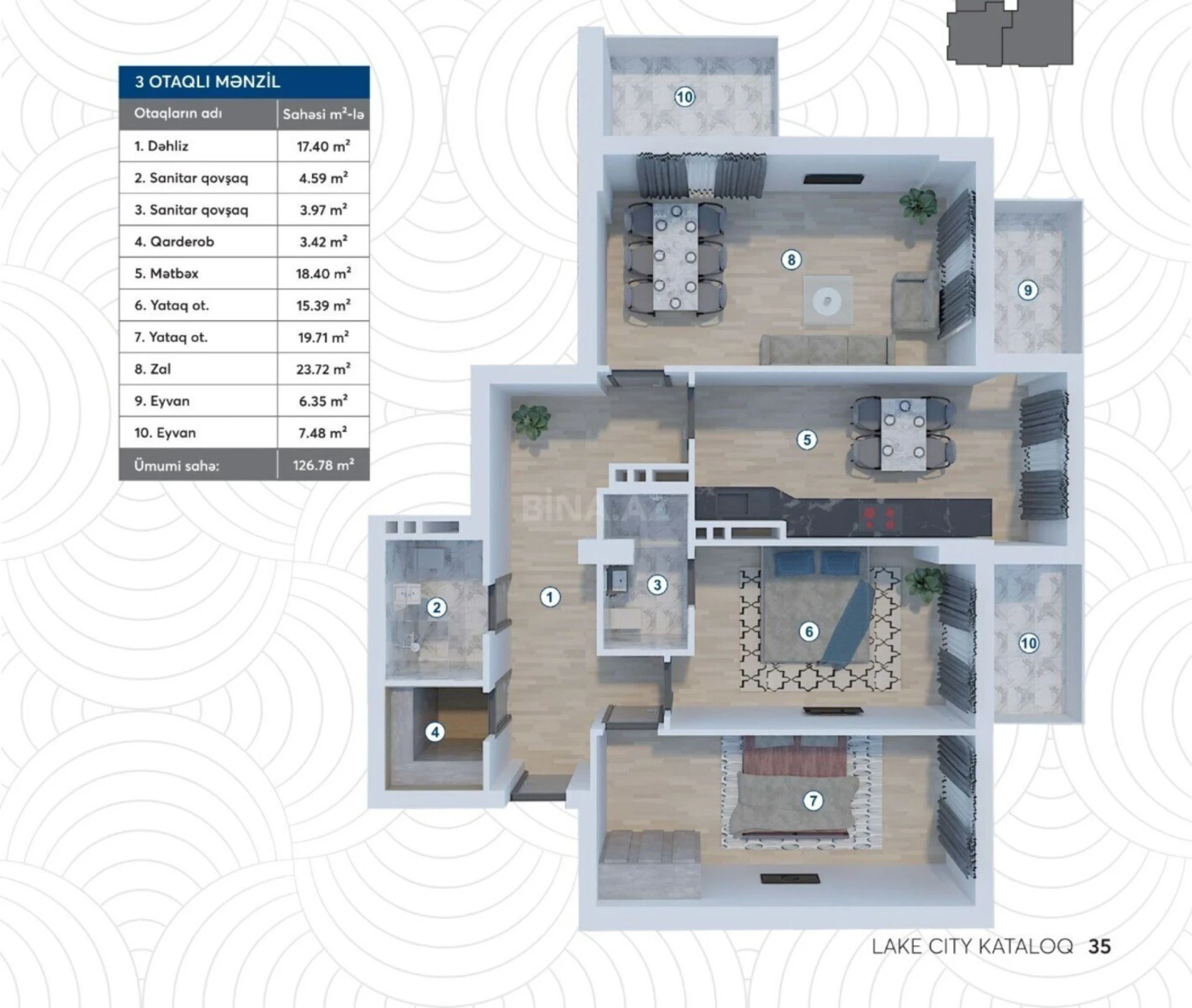 Satılır 3 otaqlı mənzil 126.8 m²