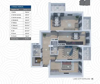 Satılır 3 otaqlı mənzil 126.8 m²