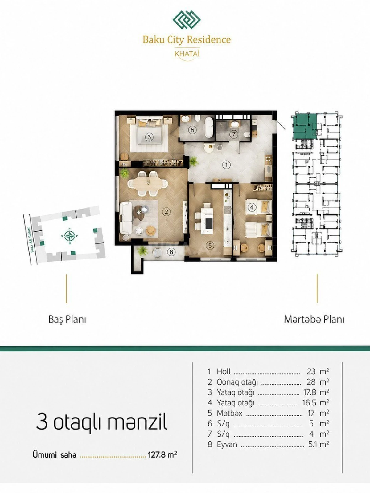 Satılır 3 otaqlı mənzil 127.8 m²