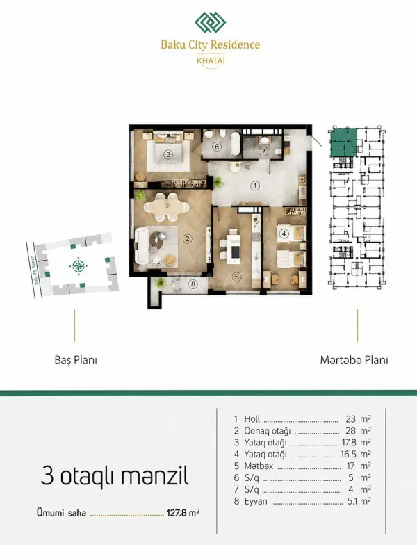 Satılır 3 otaqlı mənzil 127.8 m²