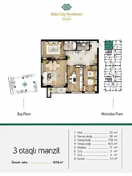 Satılır 3 otaqlı mənzil 127.8 m²
