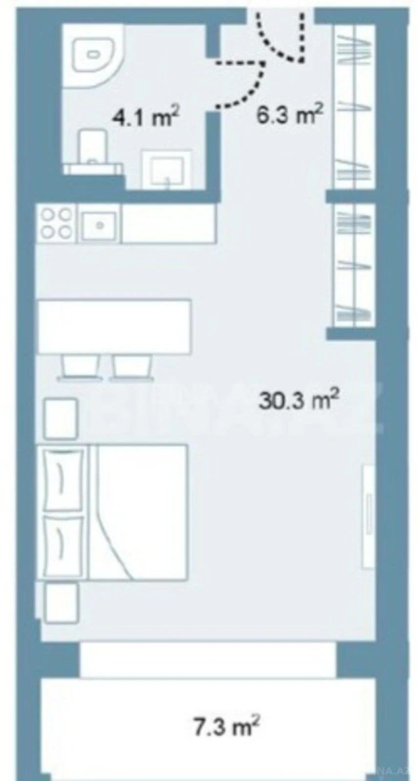 Satılır 1 otaqlı mənzil 56.8 m²