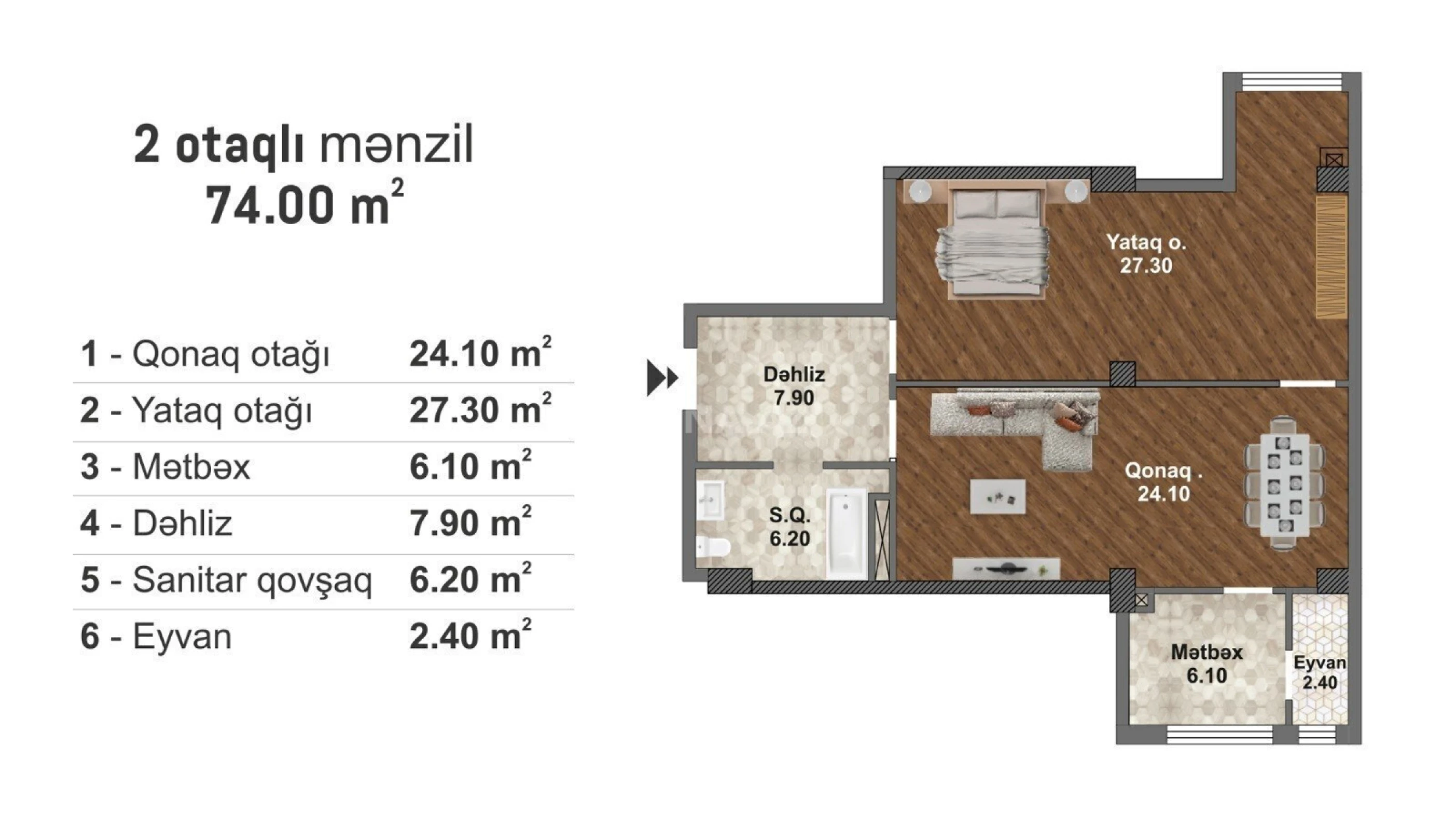 Satılır 2 otaqlı mənzil 74 m²