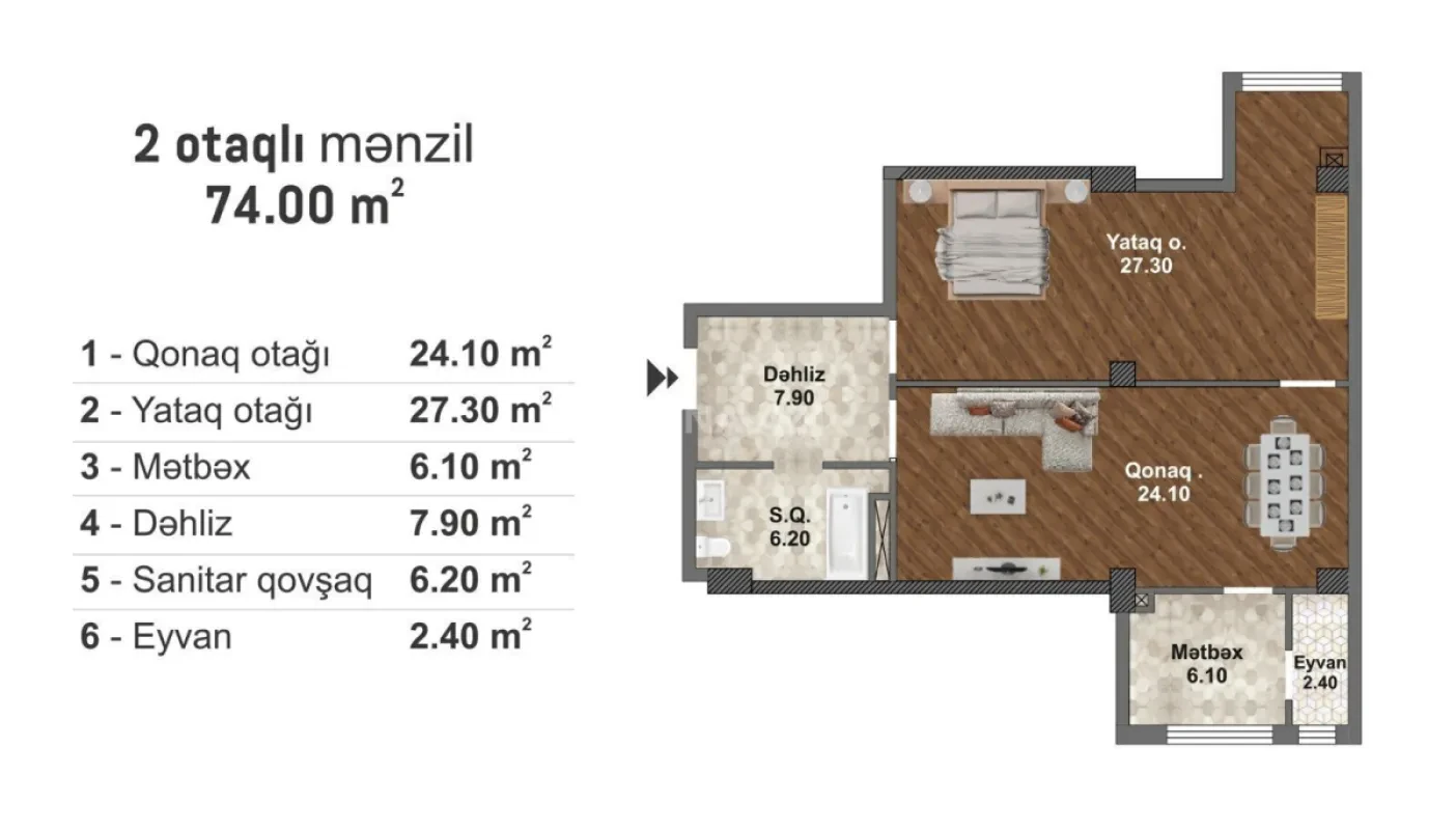 Satılır 2 otaqlı mənzil 74 m²