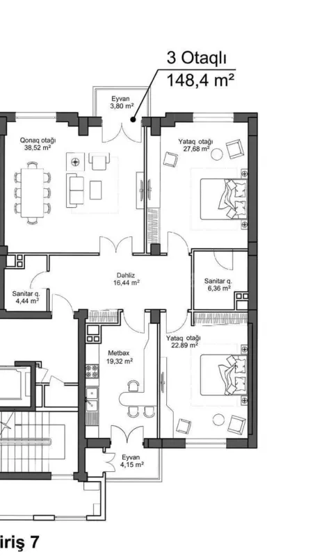 Satılır 3 otaqlı mənzil 148.4 m²
