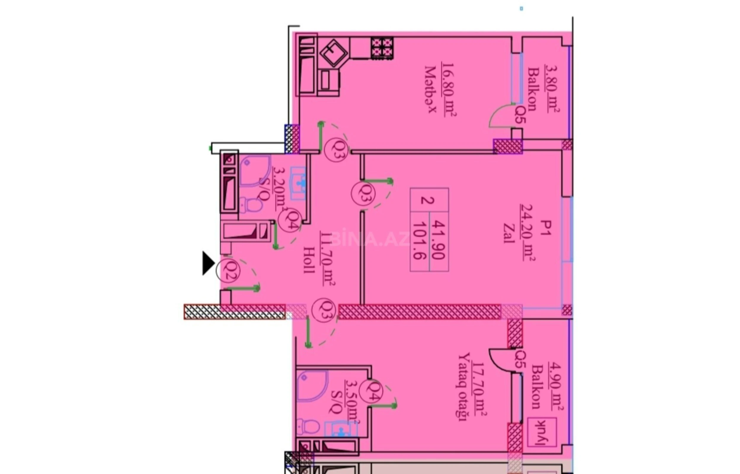 Satılır 2 otaqlı mənzil 102 m²