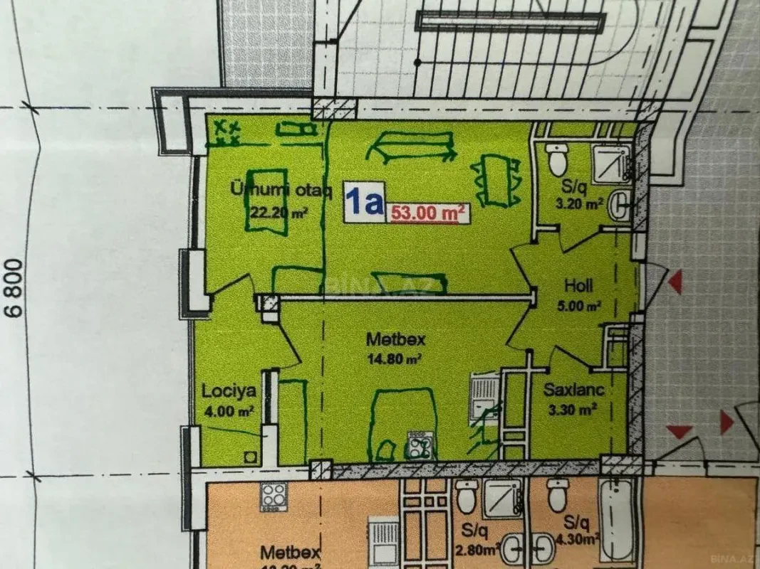 Satılır 1 otaqlı mənzil 53 m²