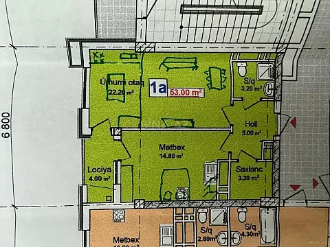 Satılır 1 otaqlı mənzil 53 m²