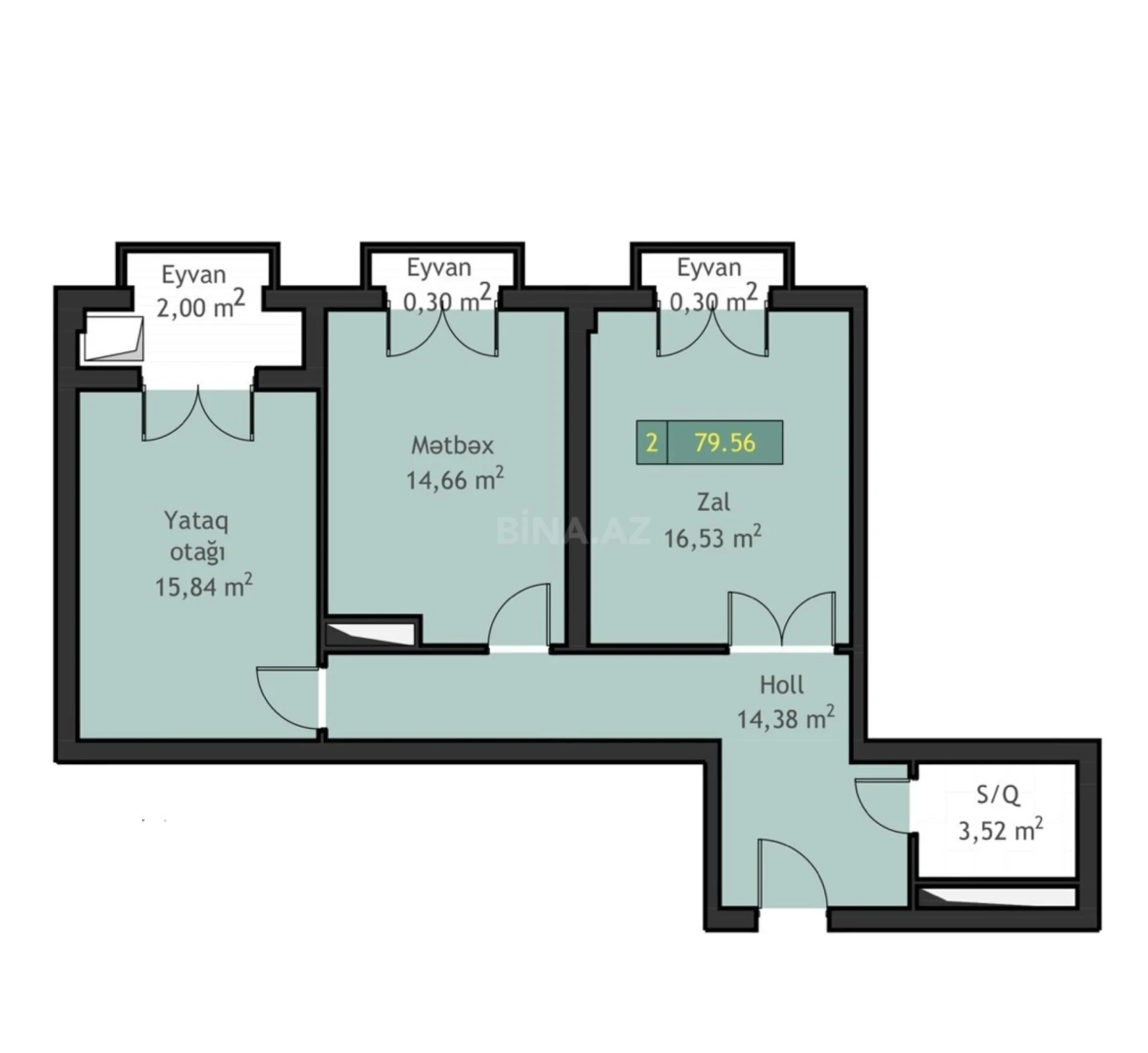 Satılır 2 otaqlı mənzil 82 m²