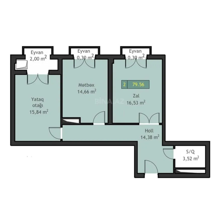 Satılır 2 otaqlı mənzil 82 m²