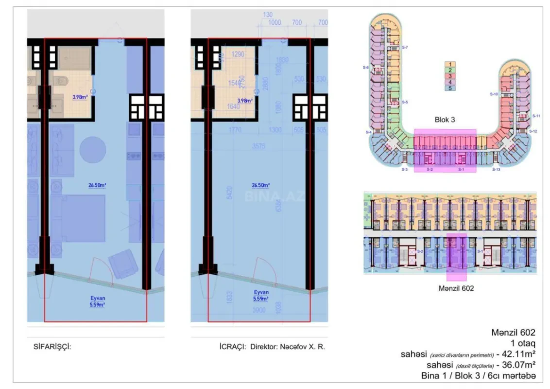 Satılır 1 otaqlı mənzil 42.1 m²