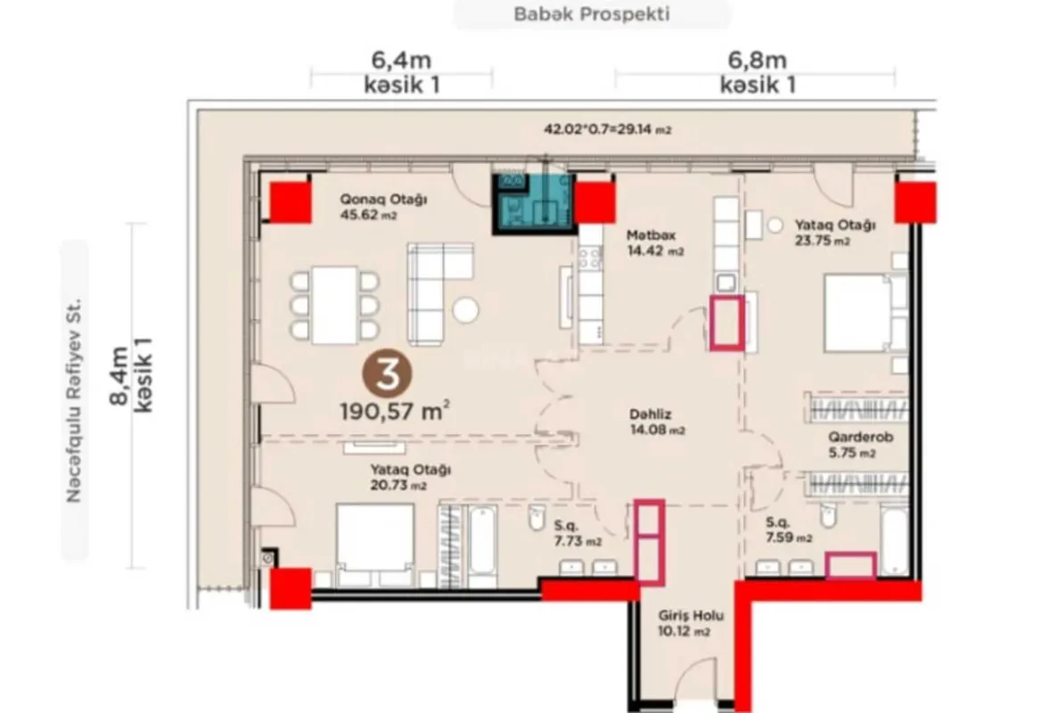 Satılır 3 otaqlı mənzil 190.5 m²