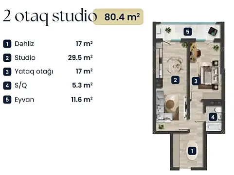 Satılır 2 otaqlı mənzil 80.4 m²