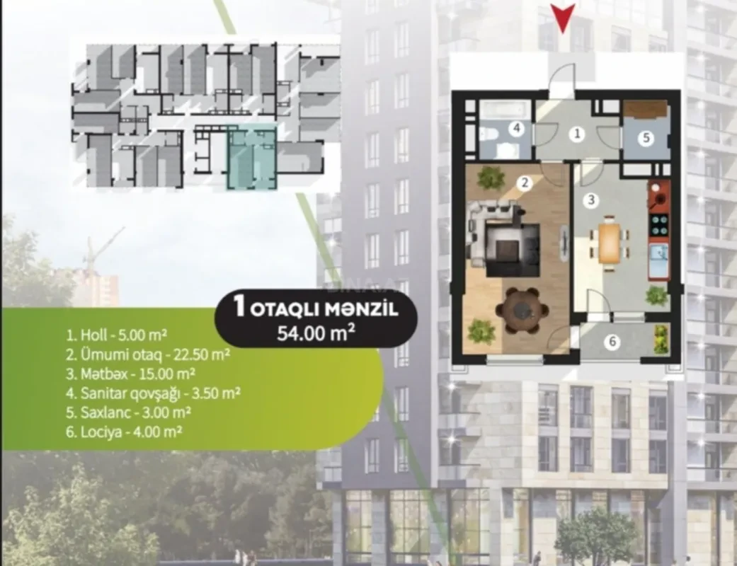Satılır 1 otaqlı mənzil 54 m²