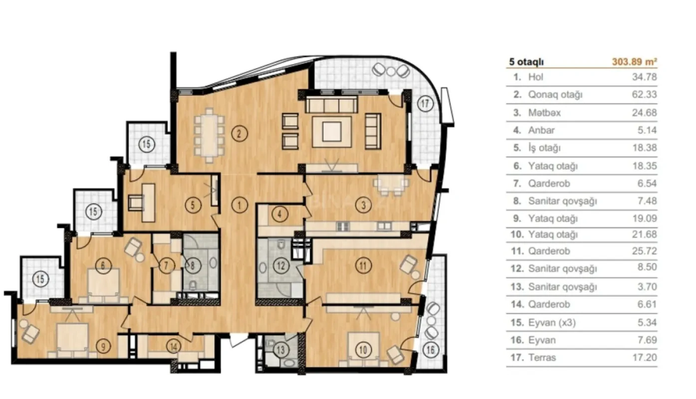 Satılır 5 otaqlı mənzil 303 m²