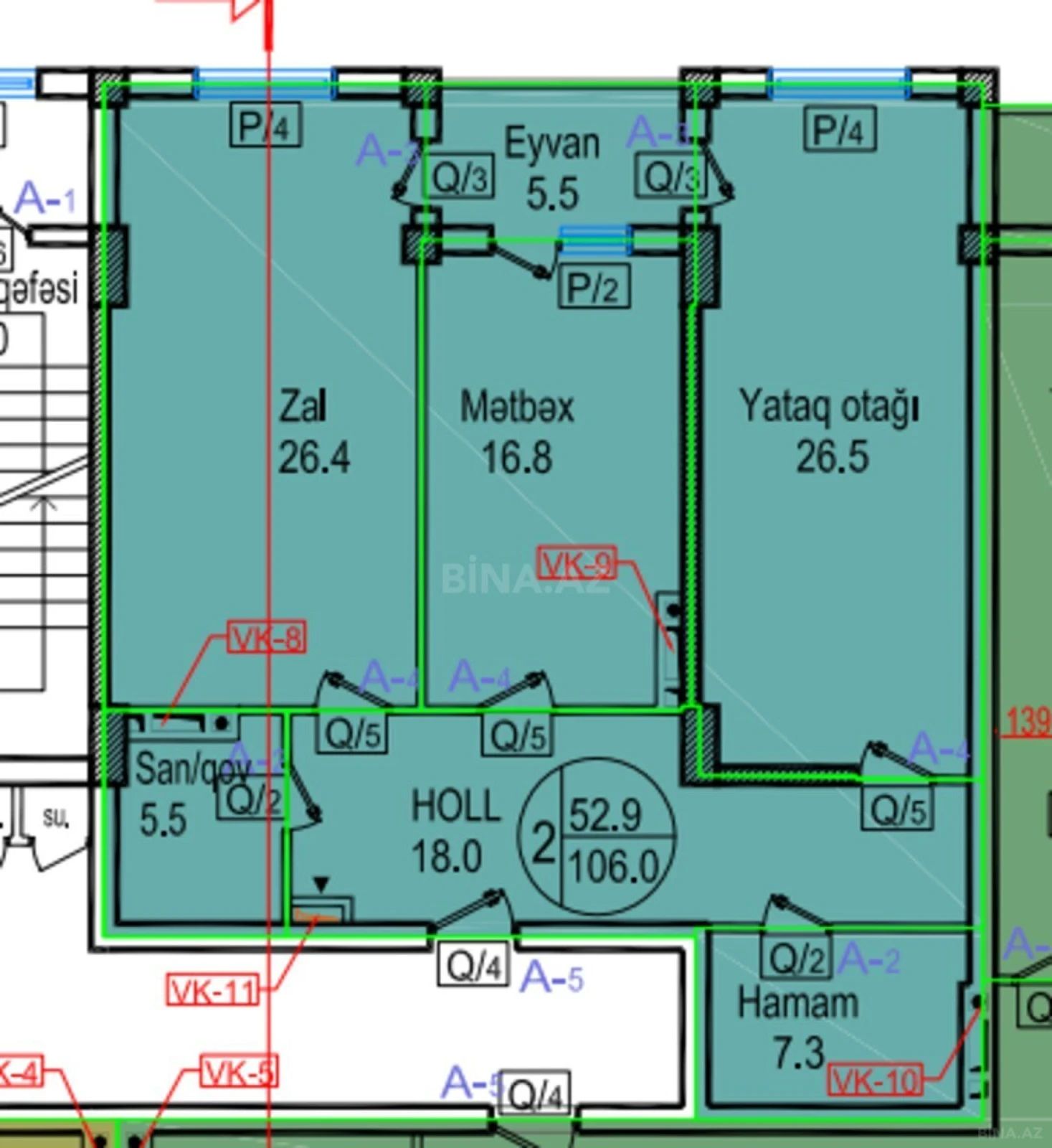 Satılır 2 otaqlı mənzil 106 m²