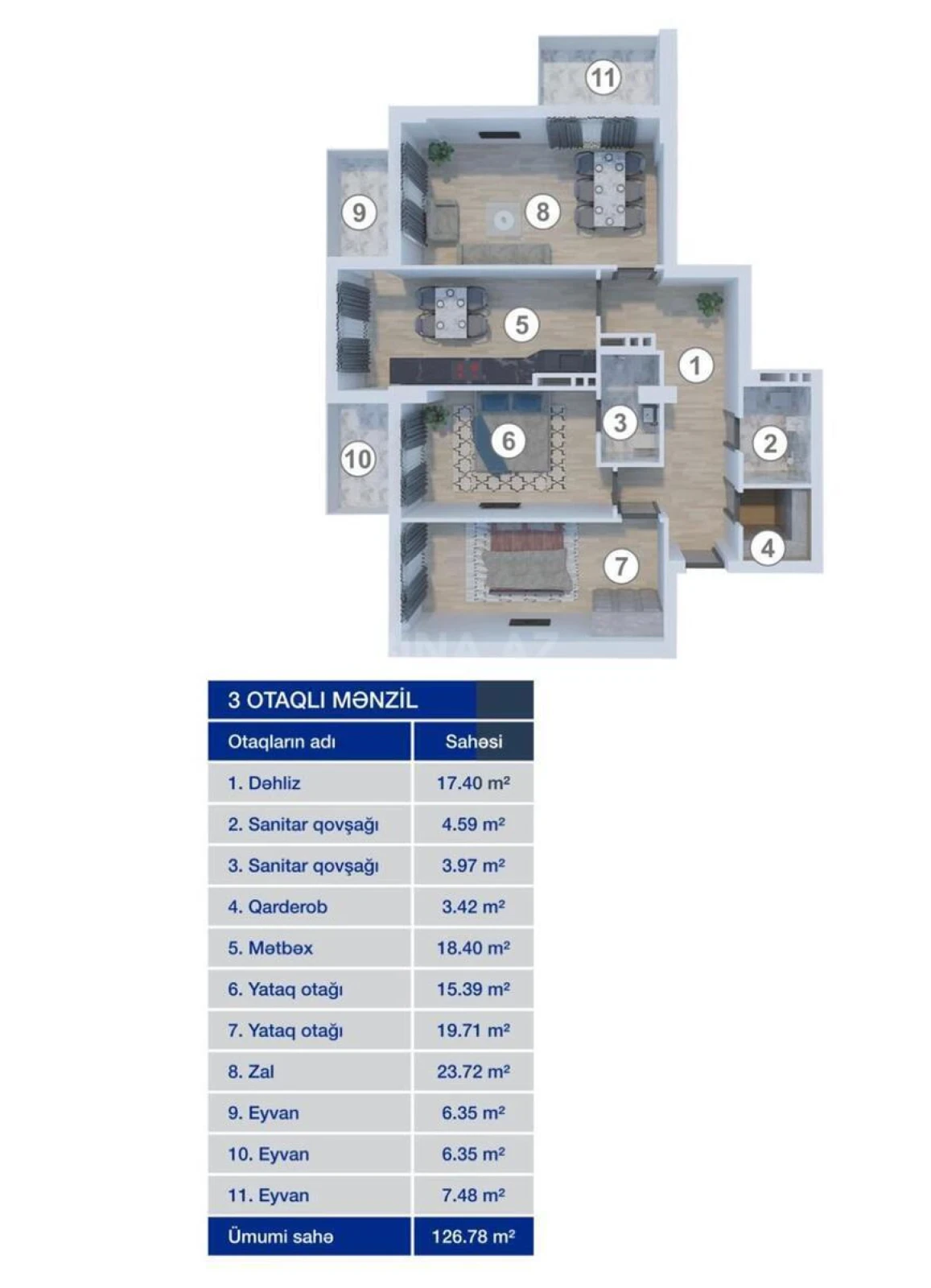 Satılır 3 otaqlı mənzil 126.7 m²