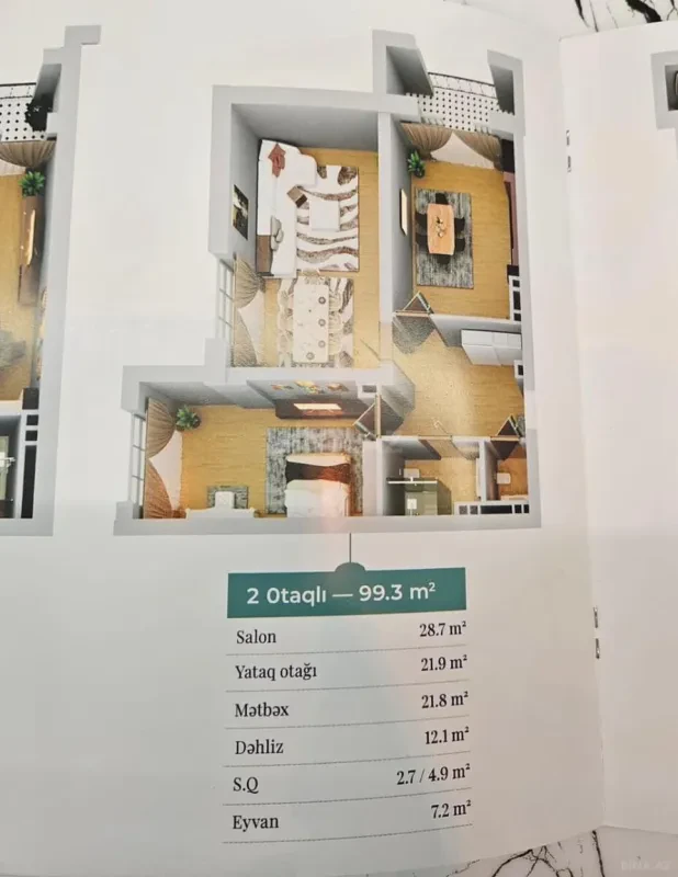 Satılır 2 otaqlı mənzil 99.3 m²
