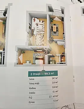 Satılır 2 otaqlı mənzil 99.3 m²