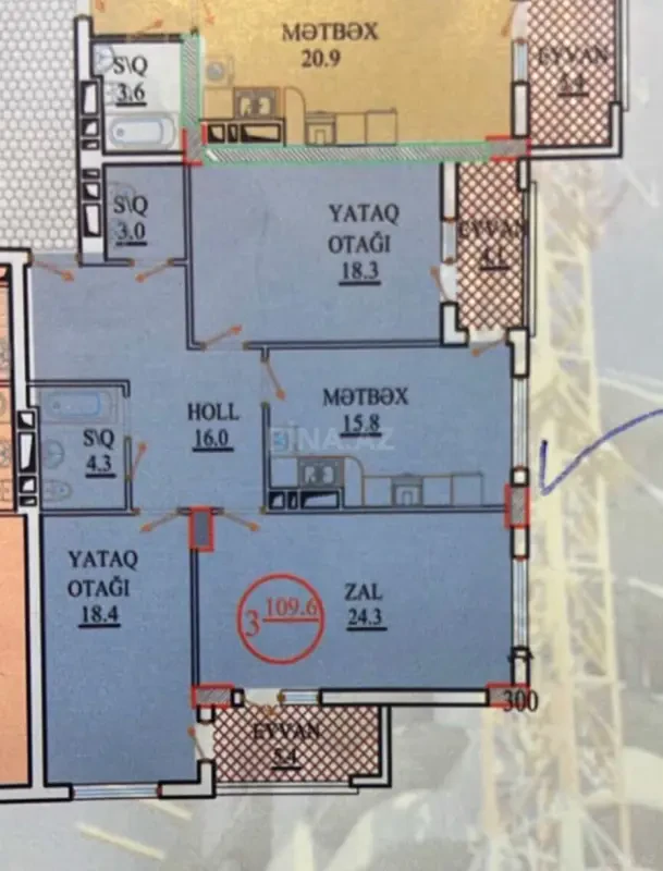 Satılır 3 otaqlı mənzil 110 m²