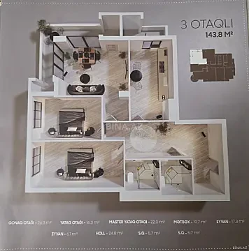 Satılır 3 otaqlı mənzil 145 m² — Bakı 3 otaq 145.00 m²