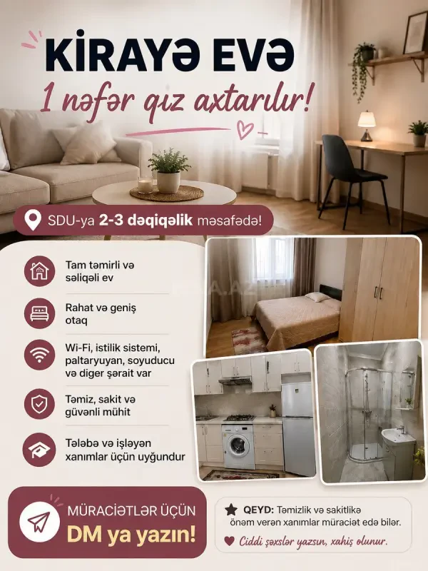 Kirayə verilir 3 otaqlı mənzil 70 m²