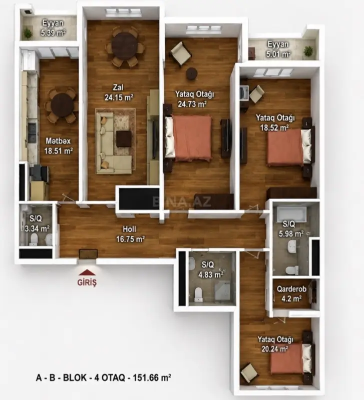 Satılır 4 otaqlı mənzil 155 m²
