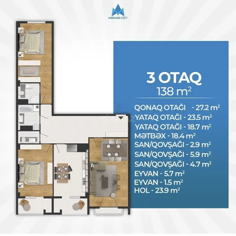 Satılır 3 otaqlı mənzil 138 m²