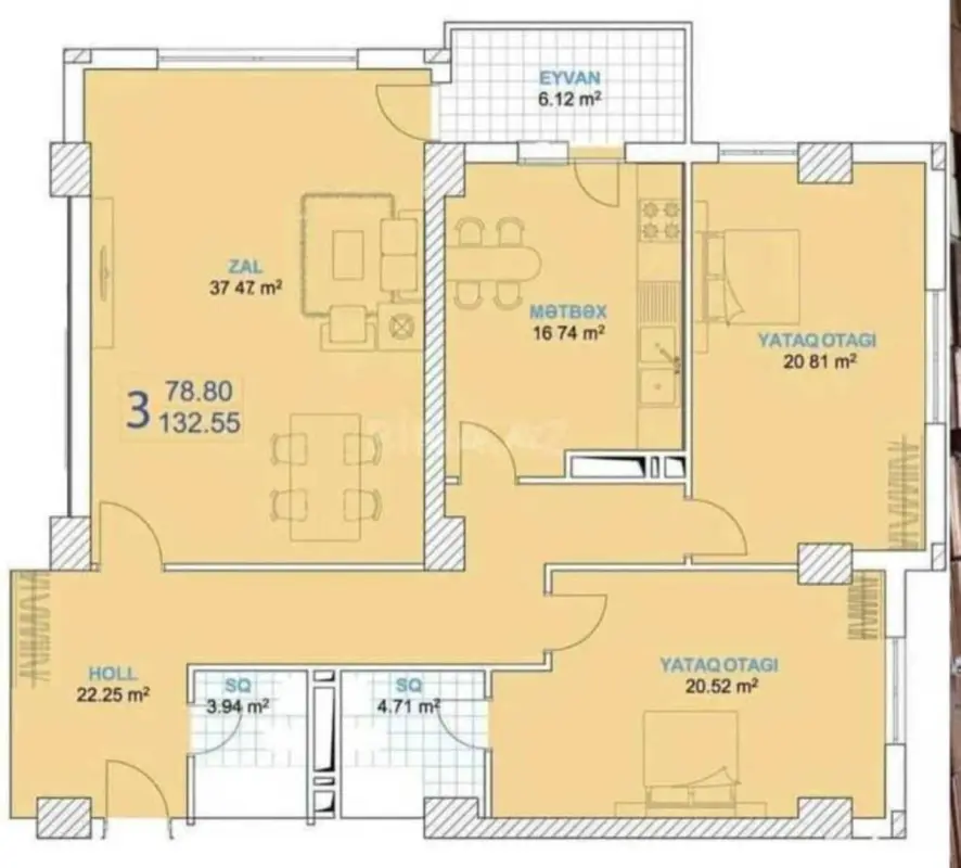 Satılır 3 otaqlı mənzil 133 m²
