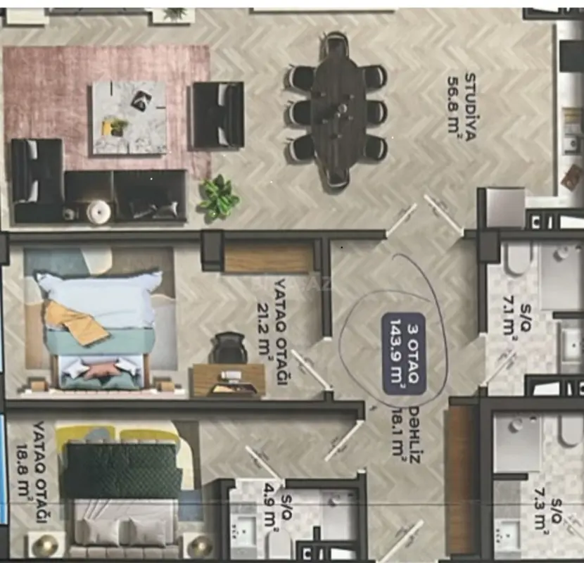 Satılır 3 otaqlı mənzil 144 m²