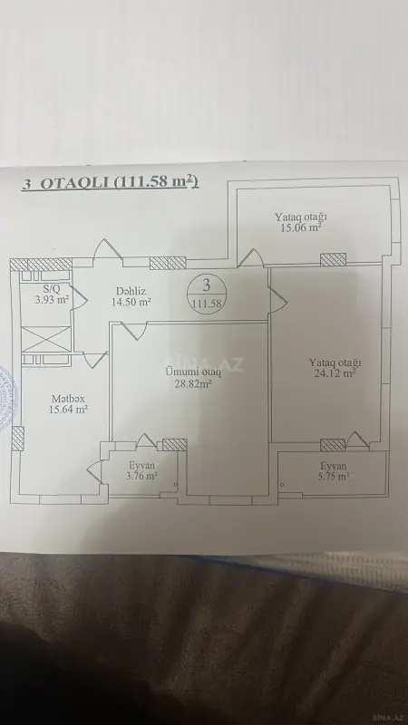 Satılır 3 otaqlı mənzil 111.6 m²
