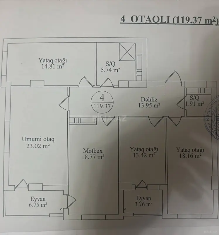 Satılır 4 otaqlı mənzil 119.4 m²
