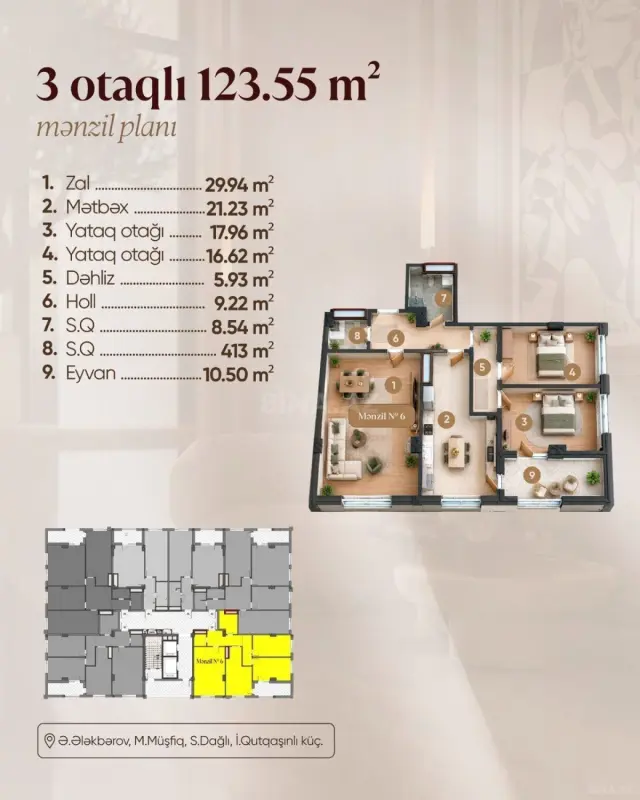 Satılır 3 otaqlı mənzil 123.5 m²