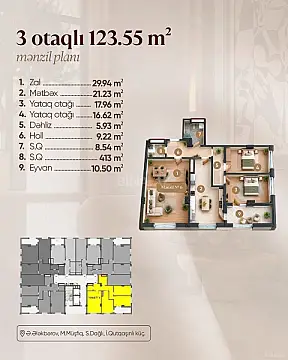 Satılır 3 otaqlı mənzil 123.5 m² — Bakı 3 otaq 123.50 m²