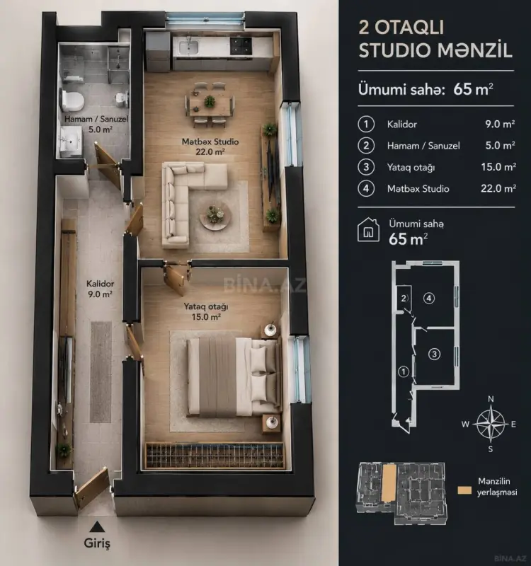 Satılır 2 otaqlı mənzil 65 m²