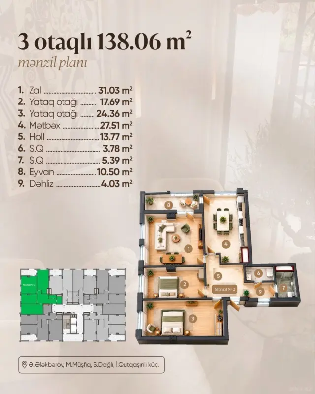 Satılır 3 otaqlı mənzil 138 m²