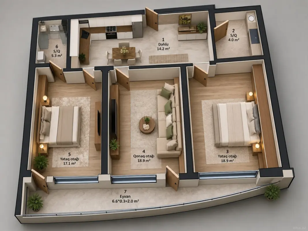 Satılır 2 otaqlı mənzil 84 m²