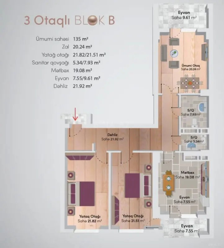 Satılır 3 otaqlı mənzil 135 m²
