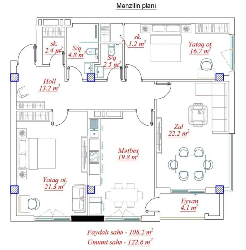 Satılır 3 otaqlı mənzil 122.6 m²