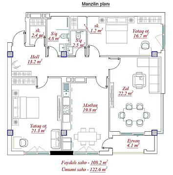 Satılır 3 otaqlı mənzil 122.6 m² — Bakı, 7-ci mikrorayon 3 otaq 122.60 m²