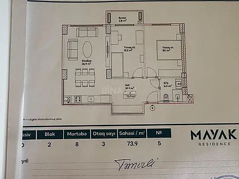Satılır 3 otaqlı mənzil 73.9 m² — Bakı 3 otaq 73.90 m²