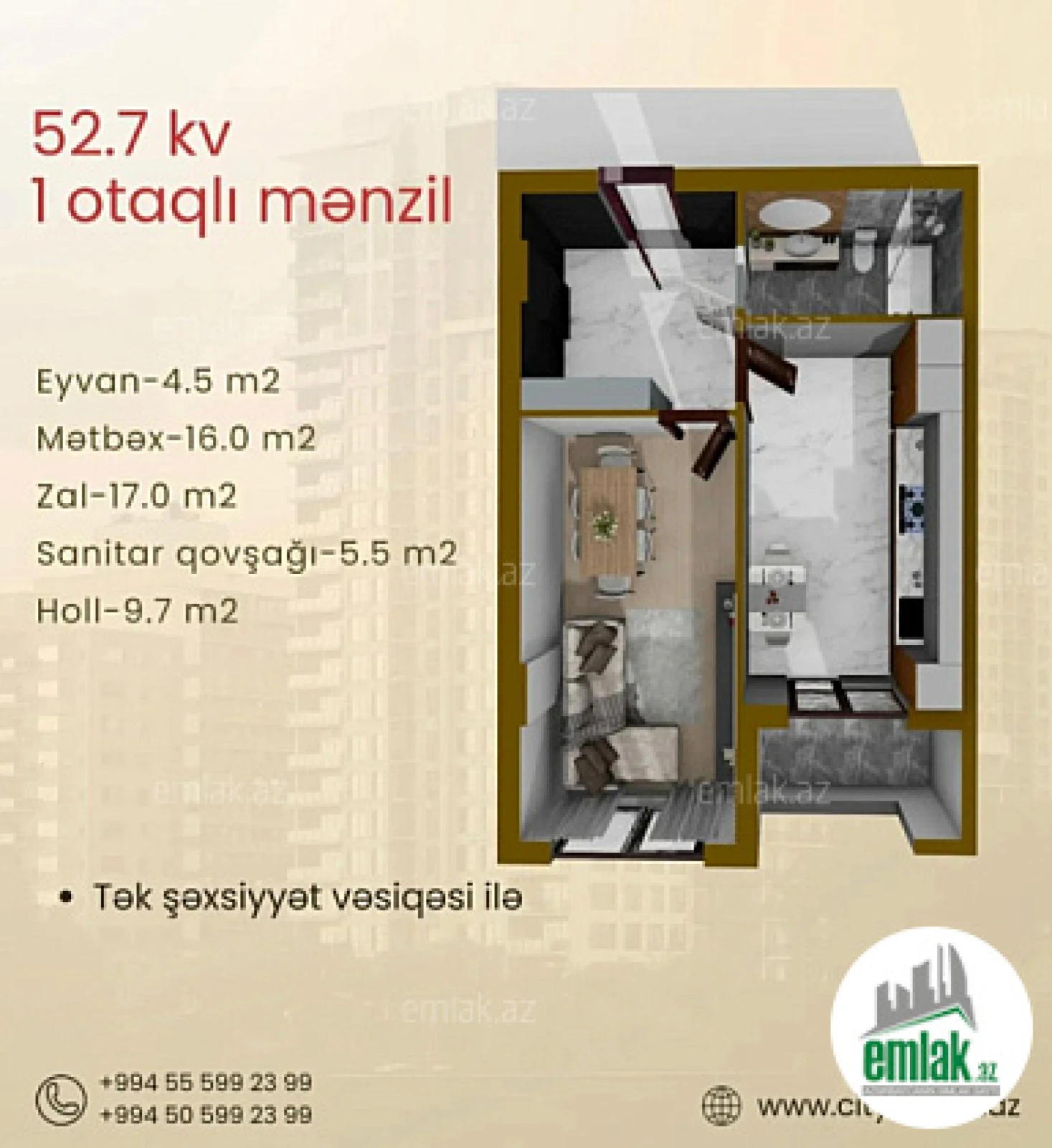 Satılır 1 otaqlı yeni tikili 52.7 m²