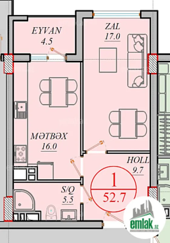 Satılır 1 otaqlı yeni tikili 52.7 m²