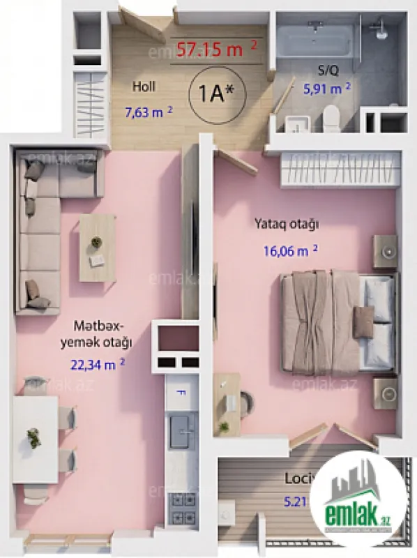 Satılır 1 otaqlı yeni tikili 57.15 m²