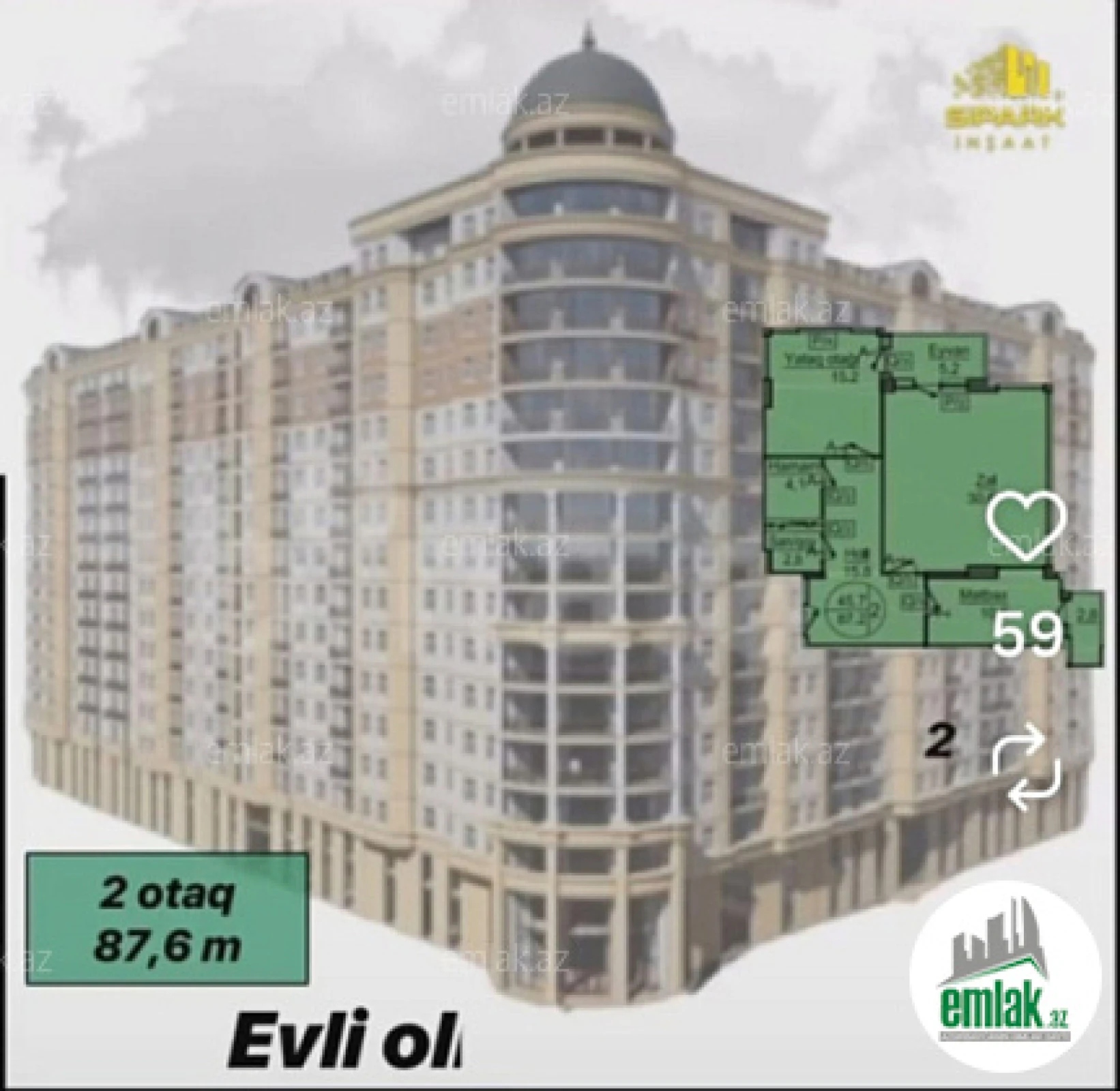 Satılır 2 otaqlı yeni tikili 87.6 m²